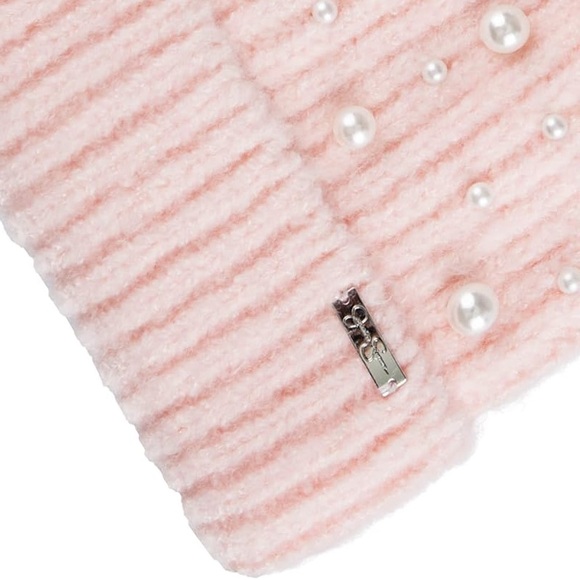 New Jessica Simpson Cozy Pink Stretch Knit Cuffed Beanie Hat Pearl Accent NWT - Picture 3 of 8